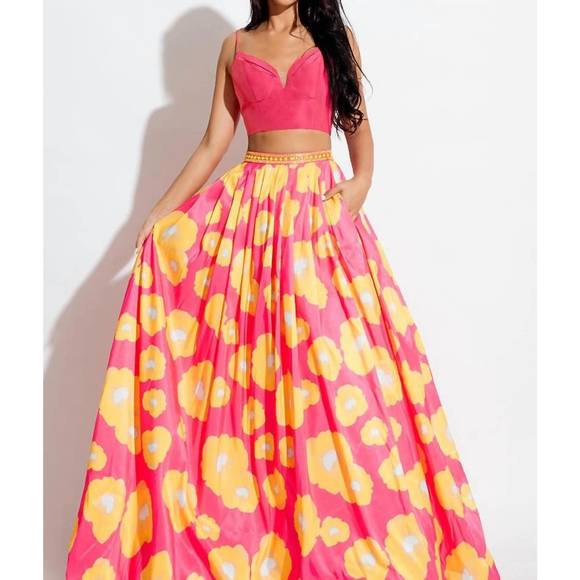 NEW RACHEL ALLAN floral two-piece mikado prom gown in fuchsia/yellow